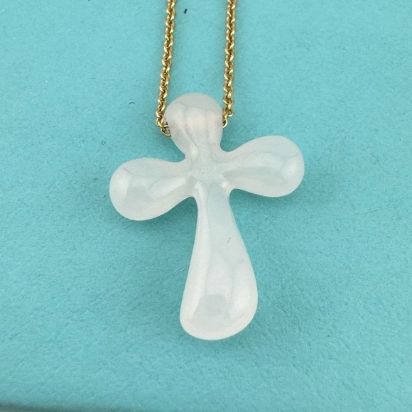 Tiffany & Co. Elsa Peretti White Jade Cross Necklace 18k Yellow Gold 16" - Picture 8 of 8